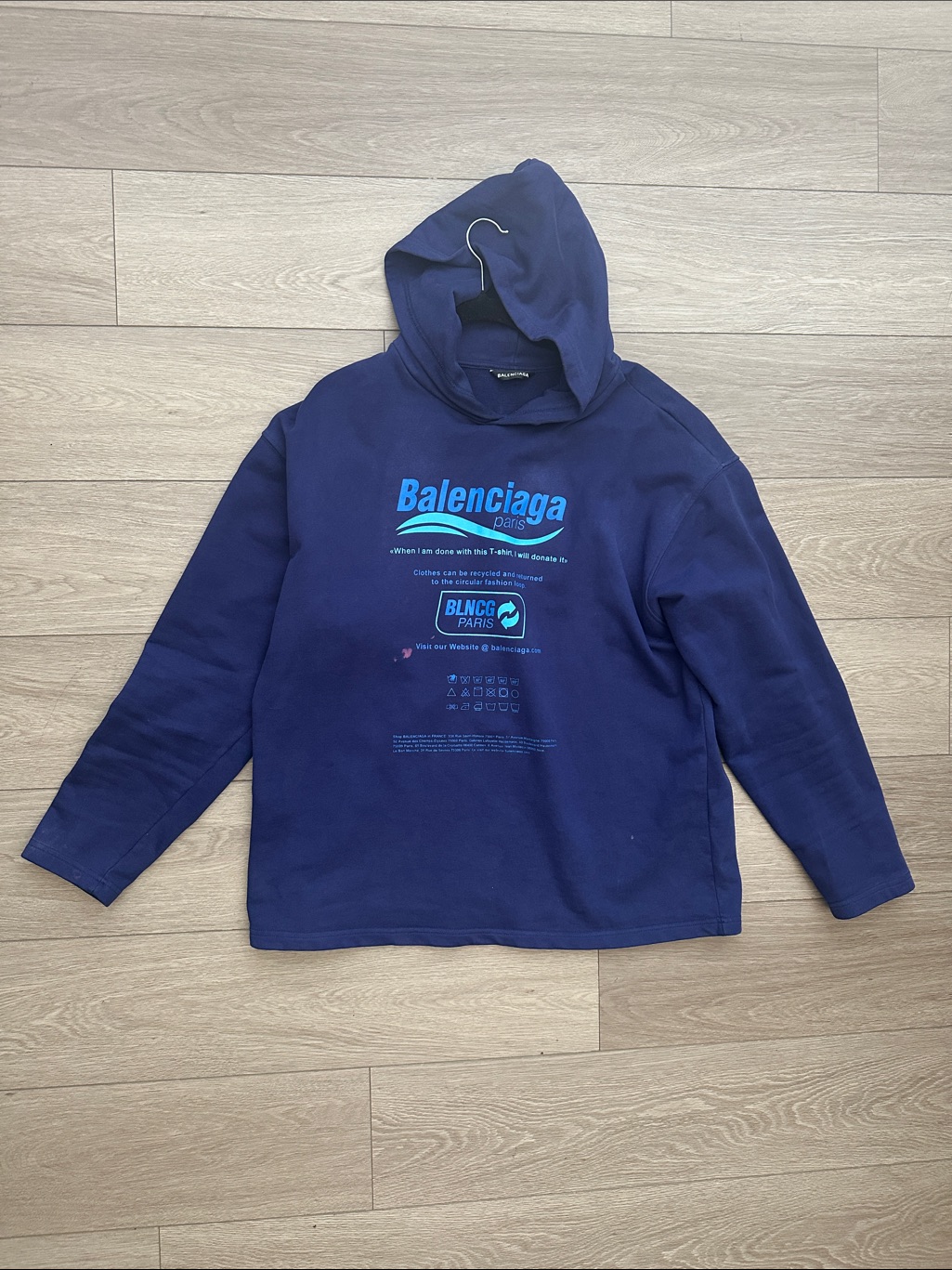 Balenciaga Men's Navy Blue Logo Hooded Sweatshirt